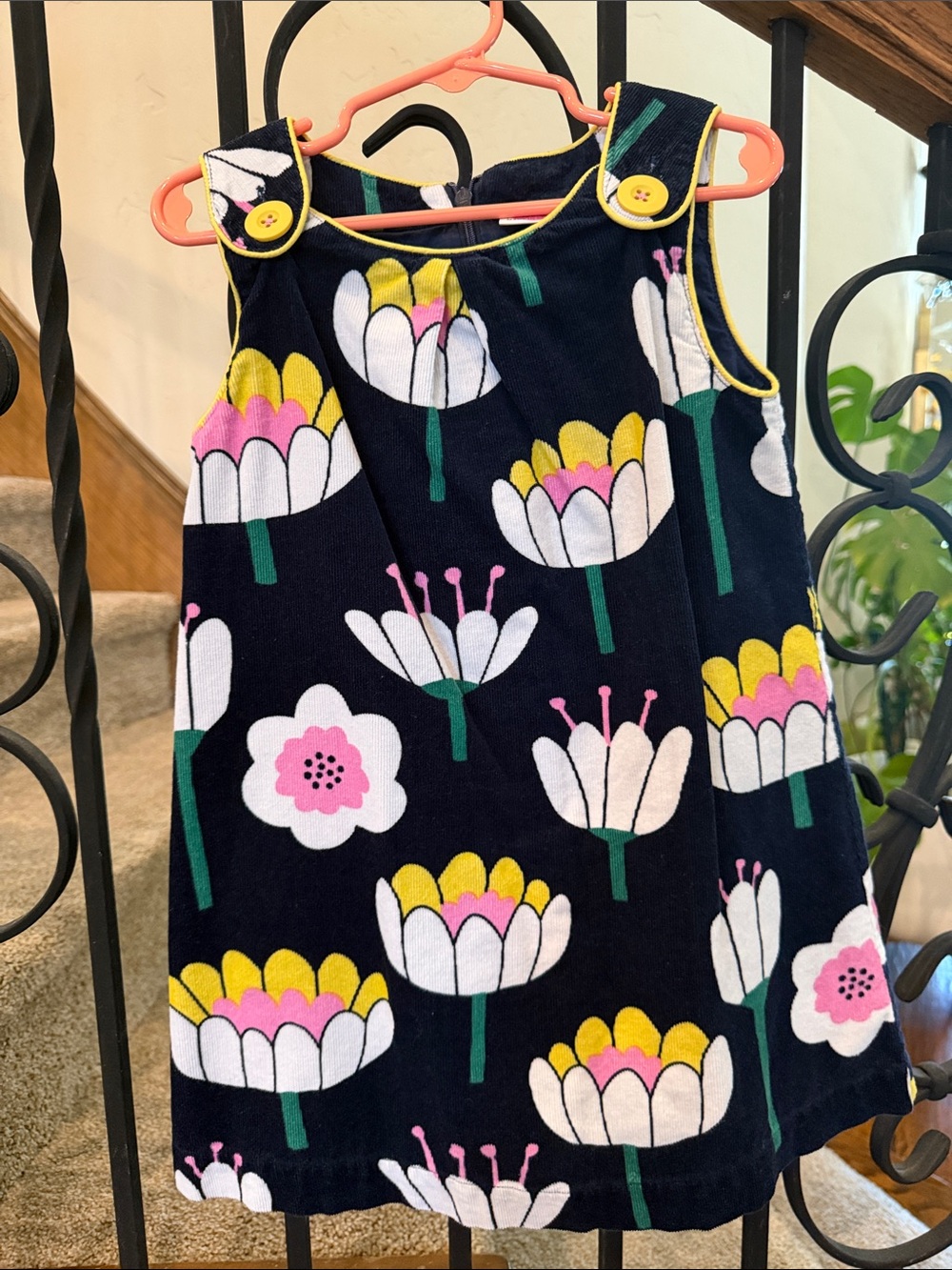 Mini Boden Navy Corduroy Dress with Pink & Yellow Floral Print